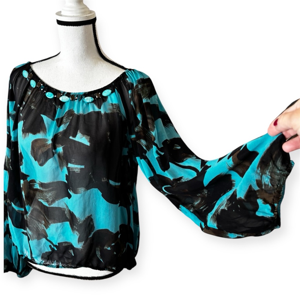 Karen Kane Turquoise and Black Floral Brushstroke Blouse